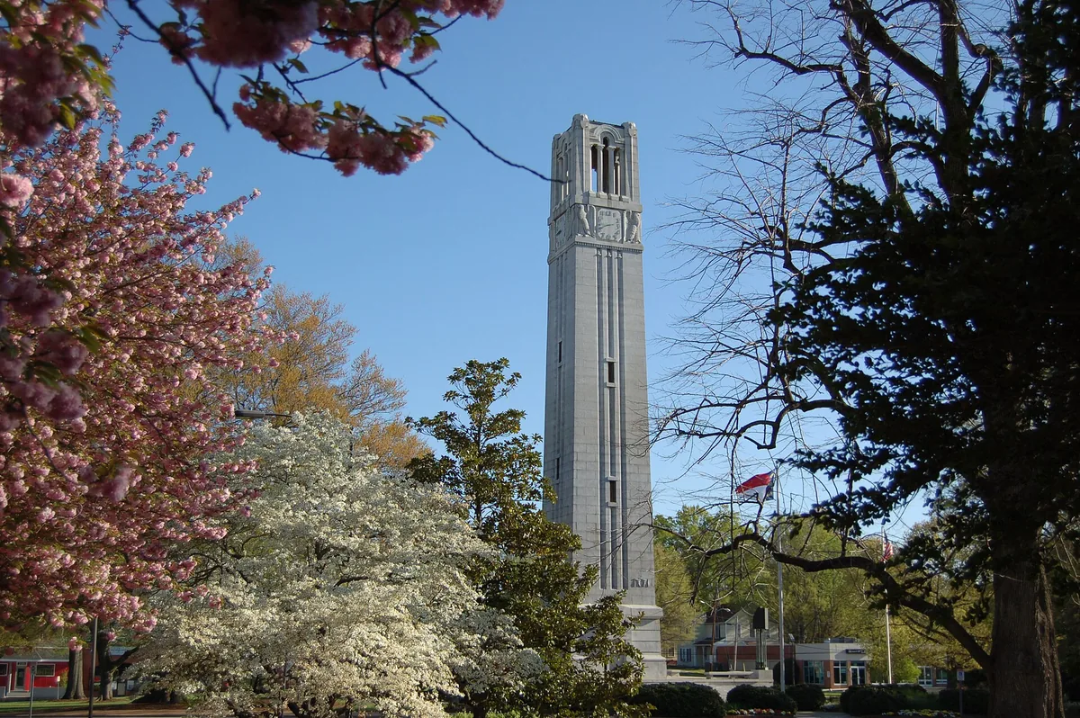 The Memorial Belltower at NC State framed by spring trees