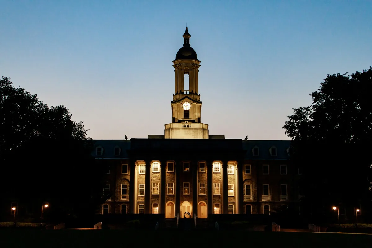 Old Main at Penn State at dusk