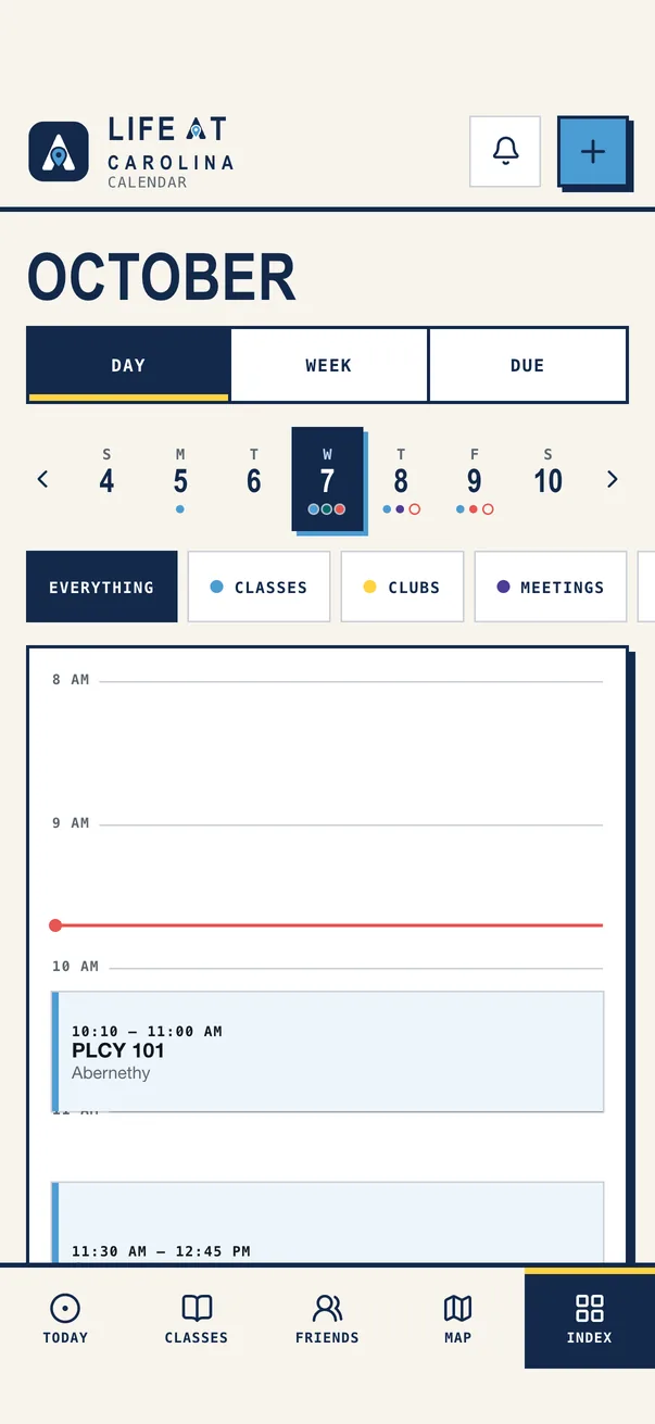 The Life at Carolina iPhone app on Calendar, the demo student's week