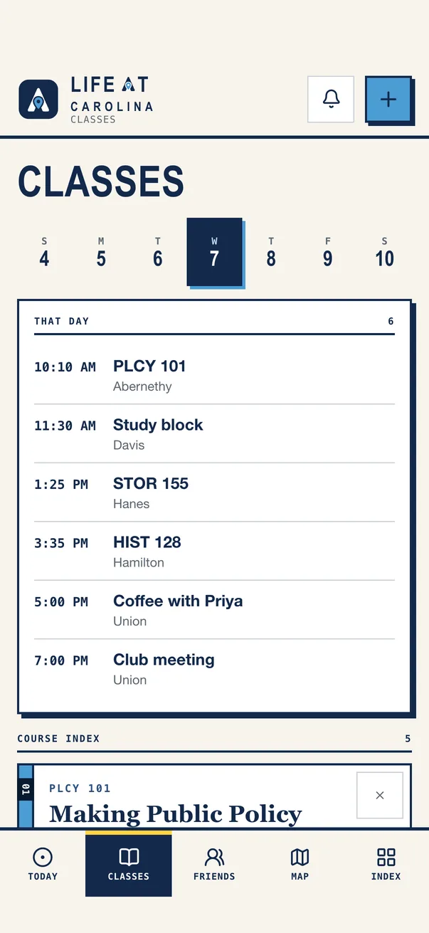 The Life at Carolina iPhone app on Classes, the day's timeline beside the course index