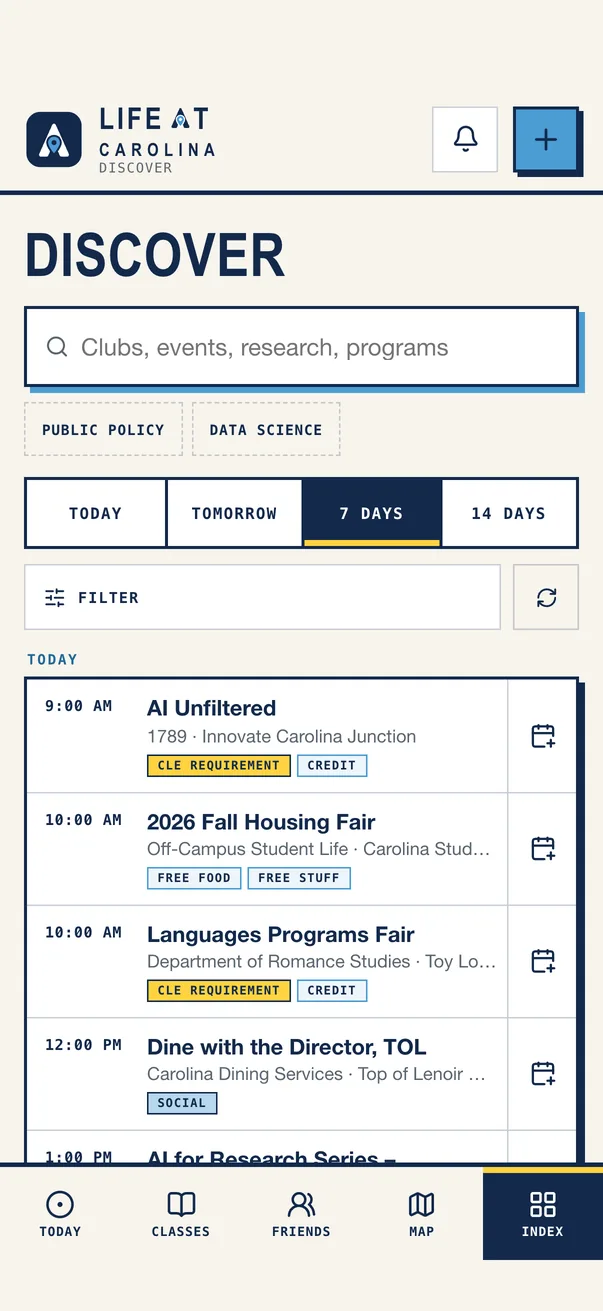 The Life at Carolina iPhone app on Discover, what is on around campus
