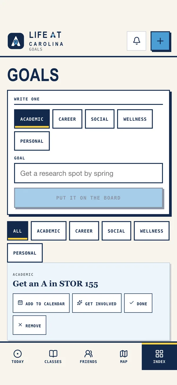 The Life at Carolina iPhone app on Goals
