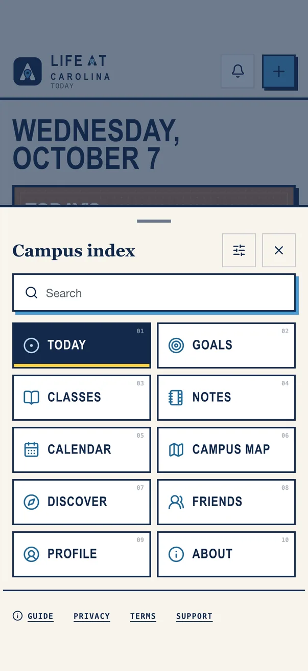 The Life at Carolina iPhone app on the Campus index, every section of the app on one sheet