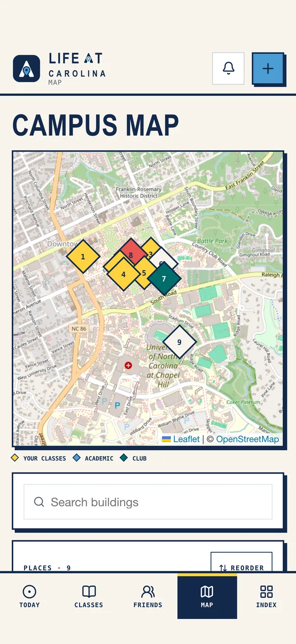The Life at Carolina iPhone app on Campus Map, with the demo student's classes marked across campus