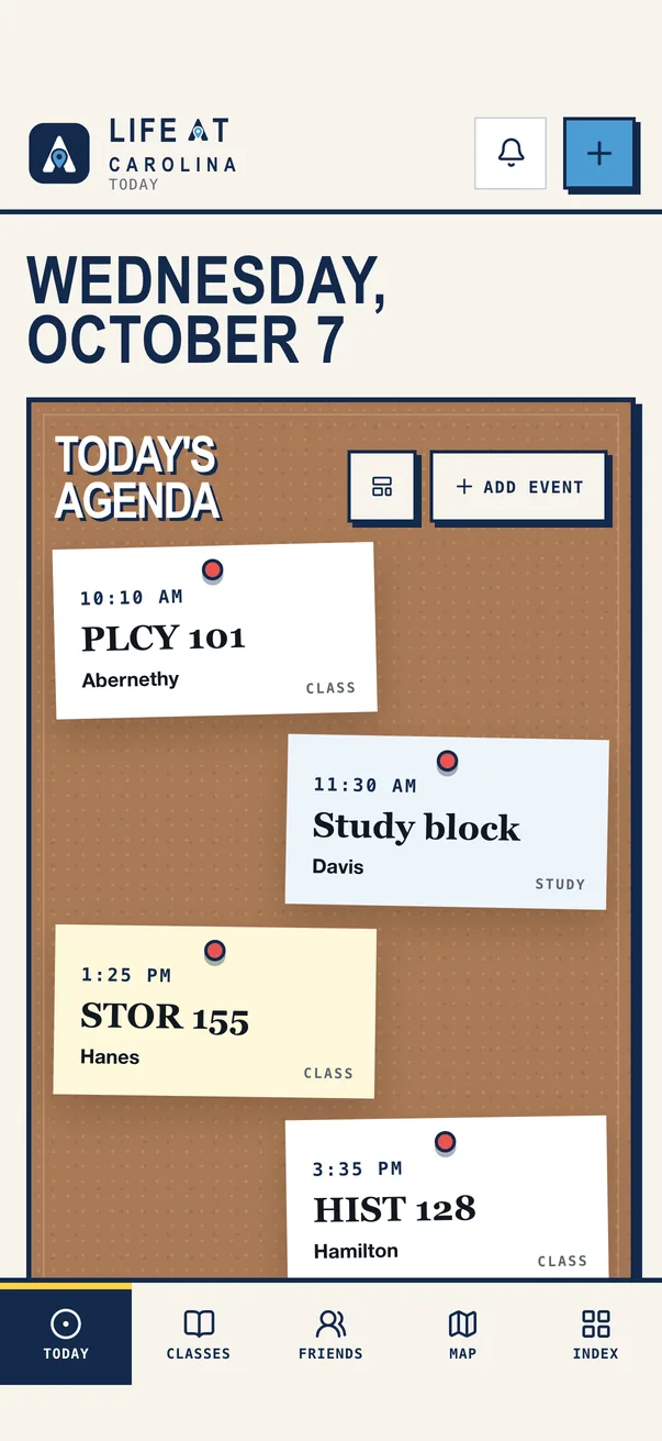 The Life at Carolina iPhone app on Today, with the demo student's classes pinned to a cork agenda