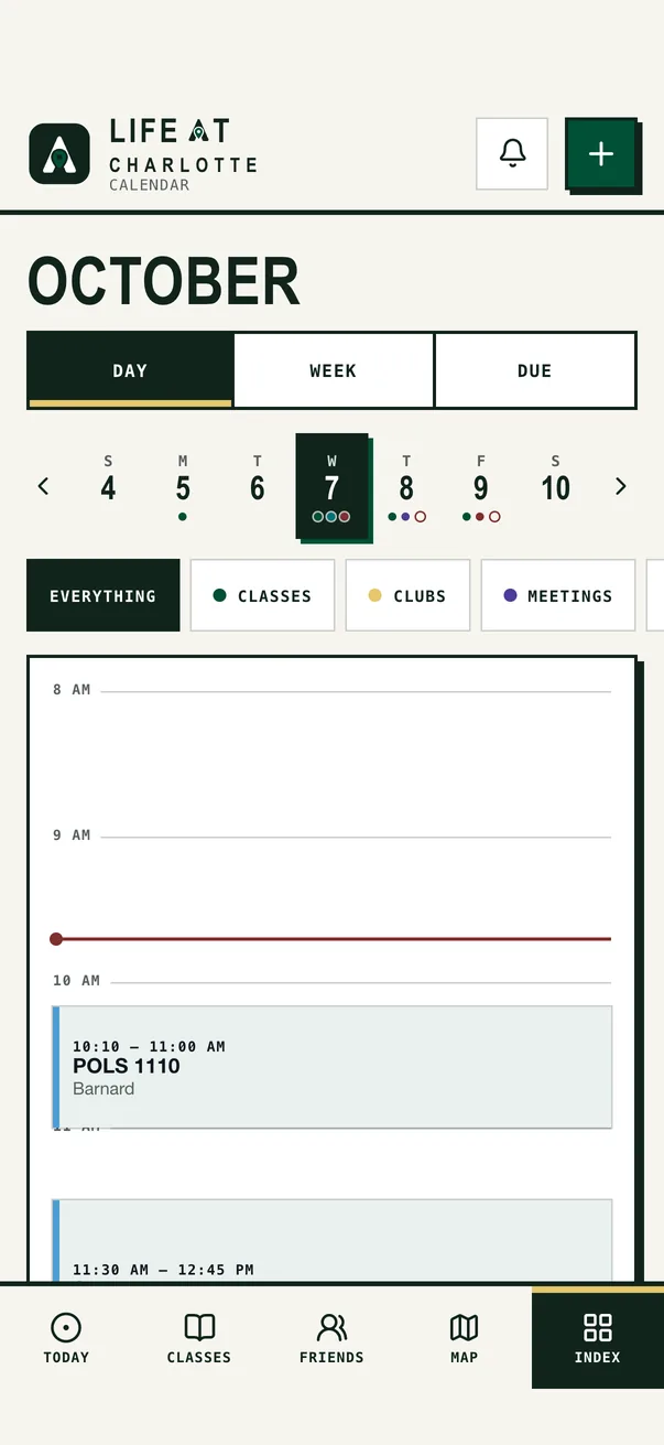 The Life at Charlotte iPhone app on Calendar, the demo student's week
