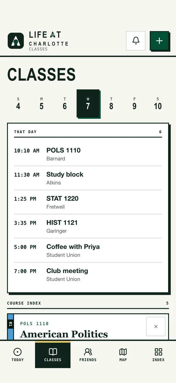 The Life at Charlotte iPhone app on Classes, the day's timeline beside the course index