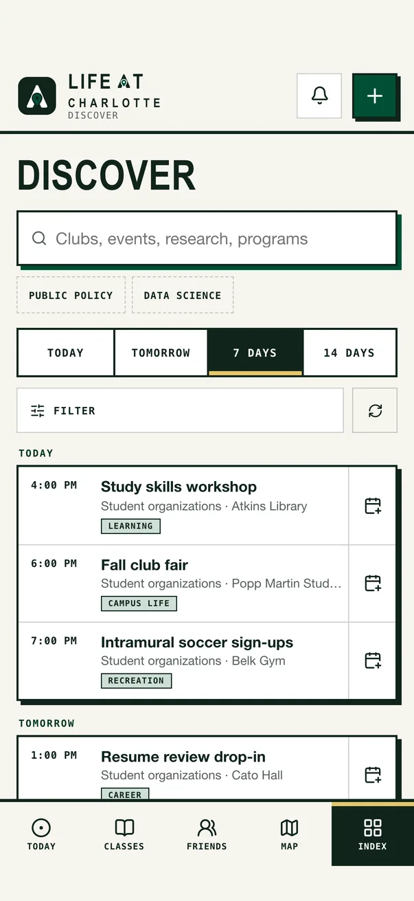 The Life at Charlotte iPhone app on Discover, what is on around campus