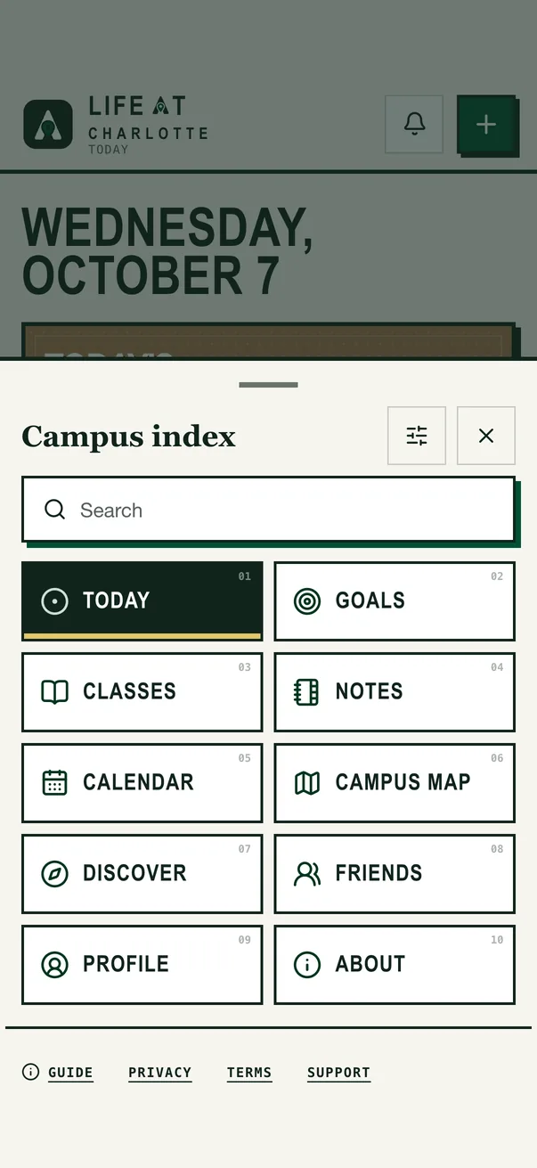 The Life at Charlotte iPhone app on the Campus index, every section of the app on one sheet
