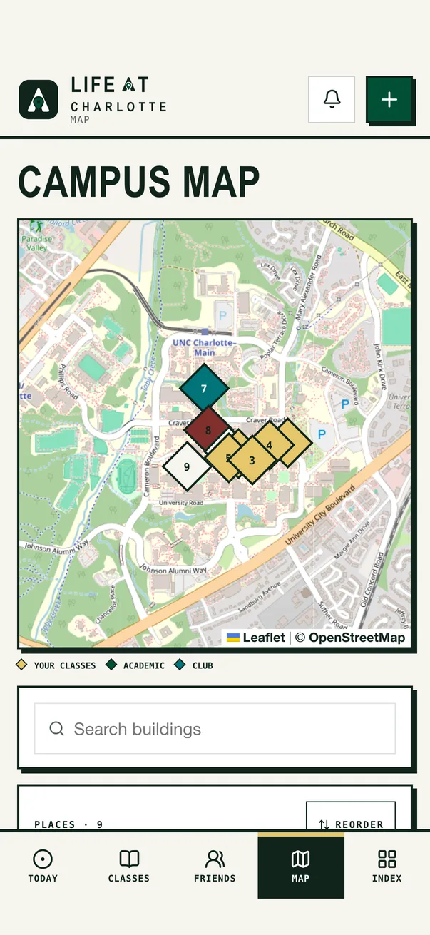 The Life at Charlotte iPhone app on Campus Map, with the demo student's classes marked across campus