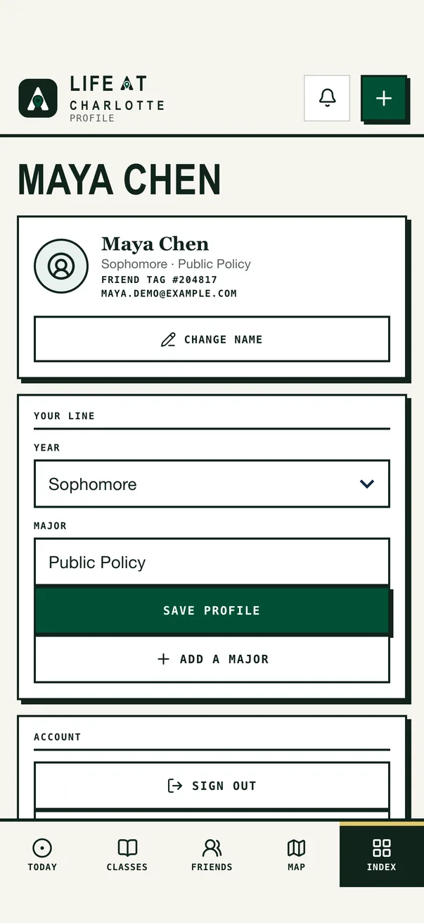 The Life at Charlotte iPhone app on Profile