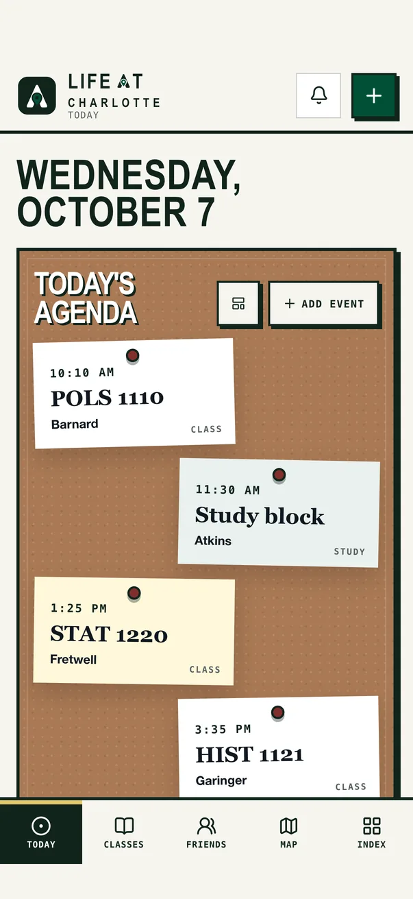 The Life at Charlotte iPhone app on Today, with the demo student's classes pinned to a cork agenda