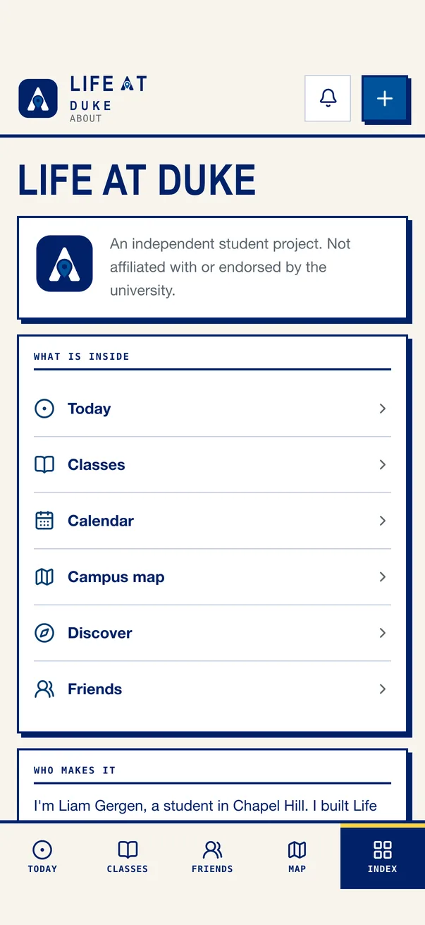 The Life at Duke iPhone app on About