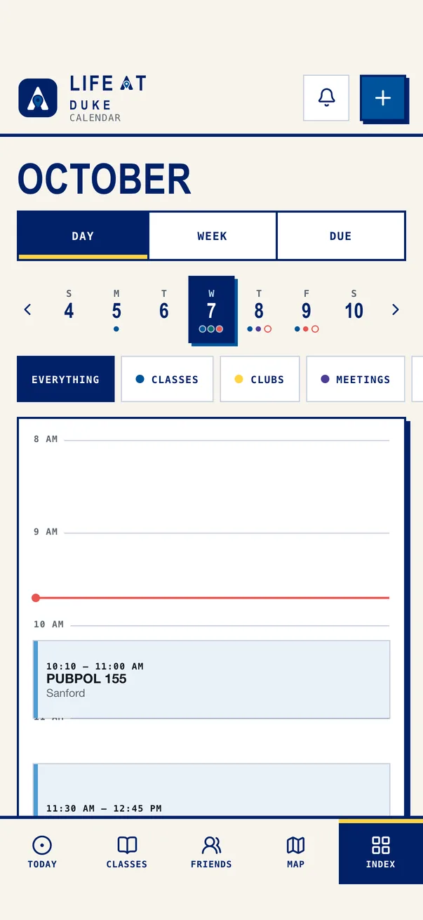 The Life at Duke iPhone app on Calendar, the demo student's week
