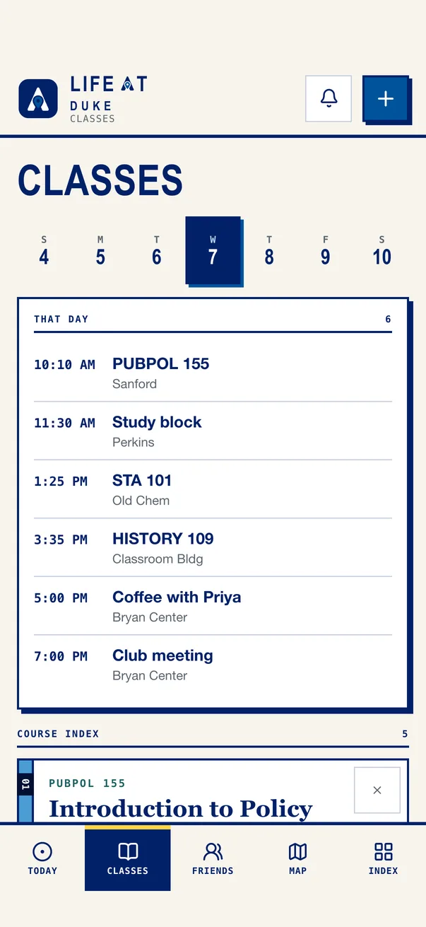 The Life at Duke iPhone app on Classes, the day's timeline beside the course index