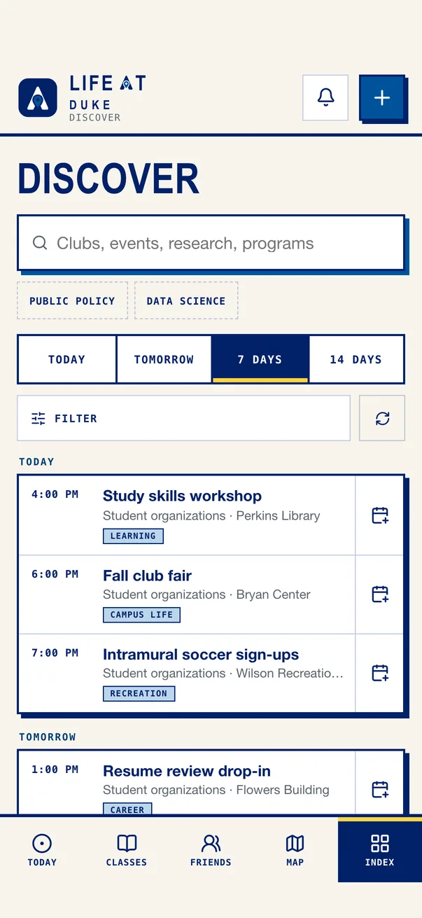 The Life at Duke iPhone app on Discover, what is on around campus