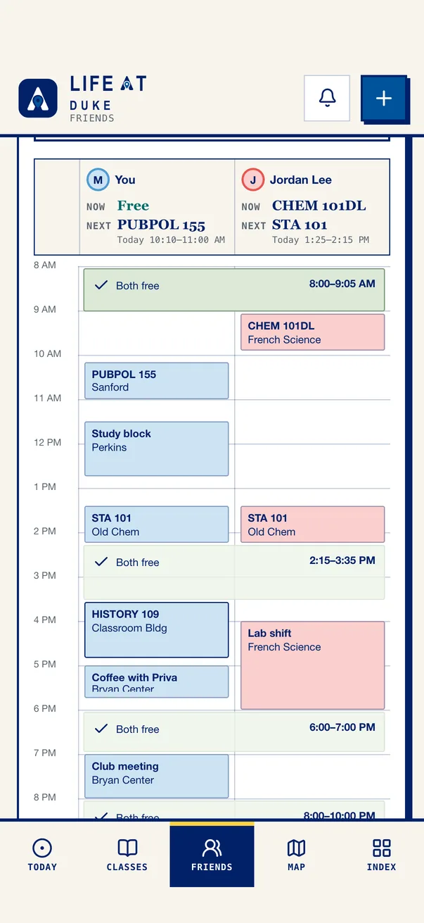 The Life at Duke iPhone app on Friends, comparing the demo student's week with a friend's