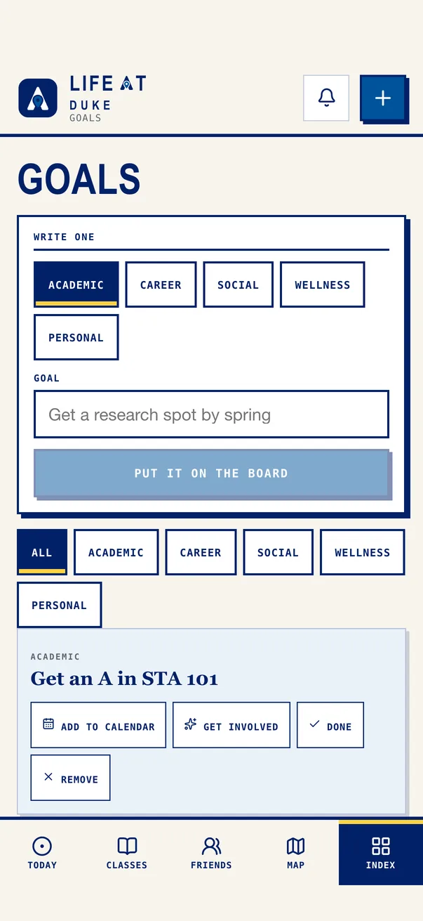 The Life at Duke iPhone app on Goals