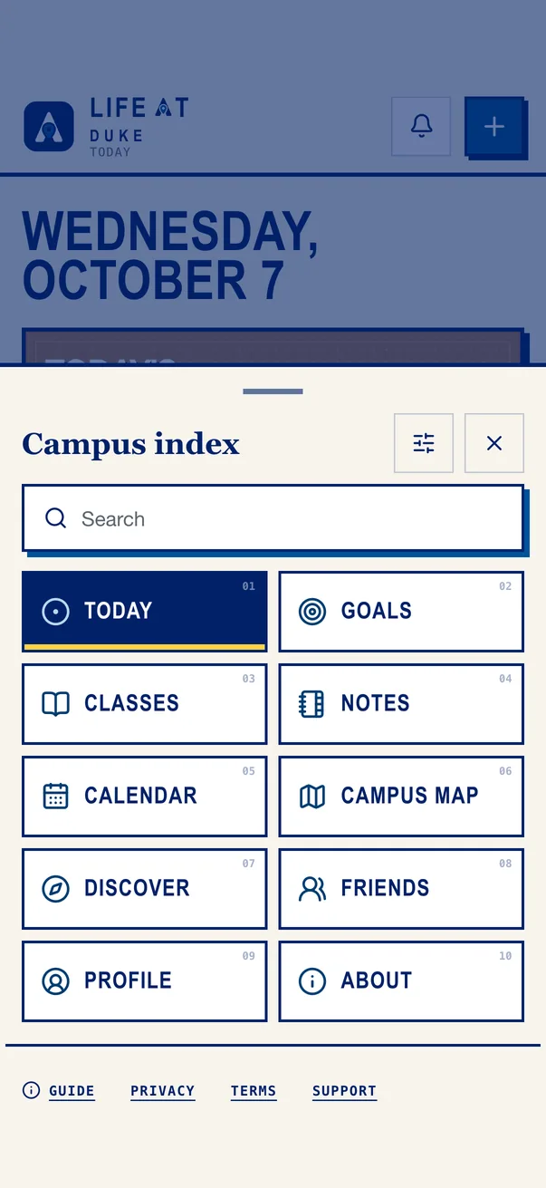 The Life at Duke iPhone app on the Campus index, every section of the app on one sheet