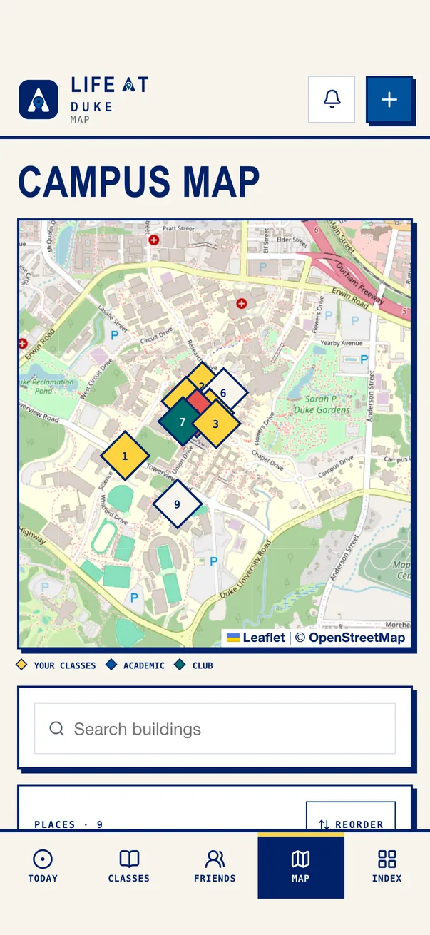 The Life at Duke iPhone app on Campus Map, with the demo student's classes marked across campus