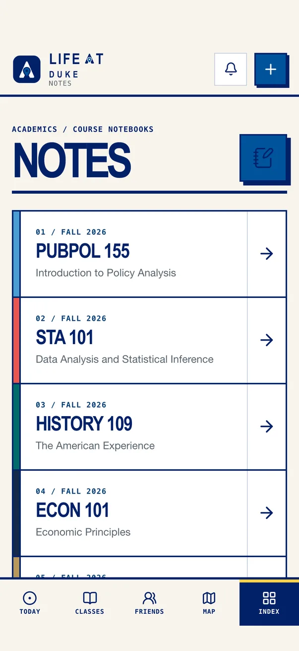 The Life at Duke iPhone app on Notes