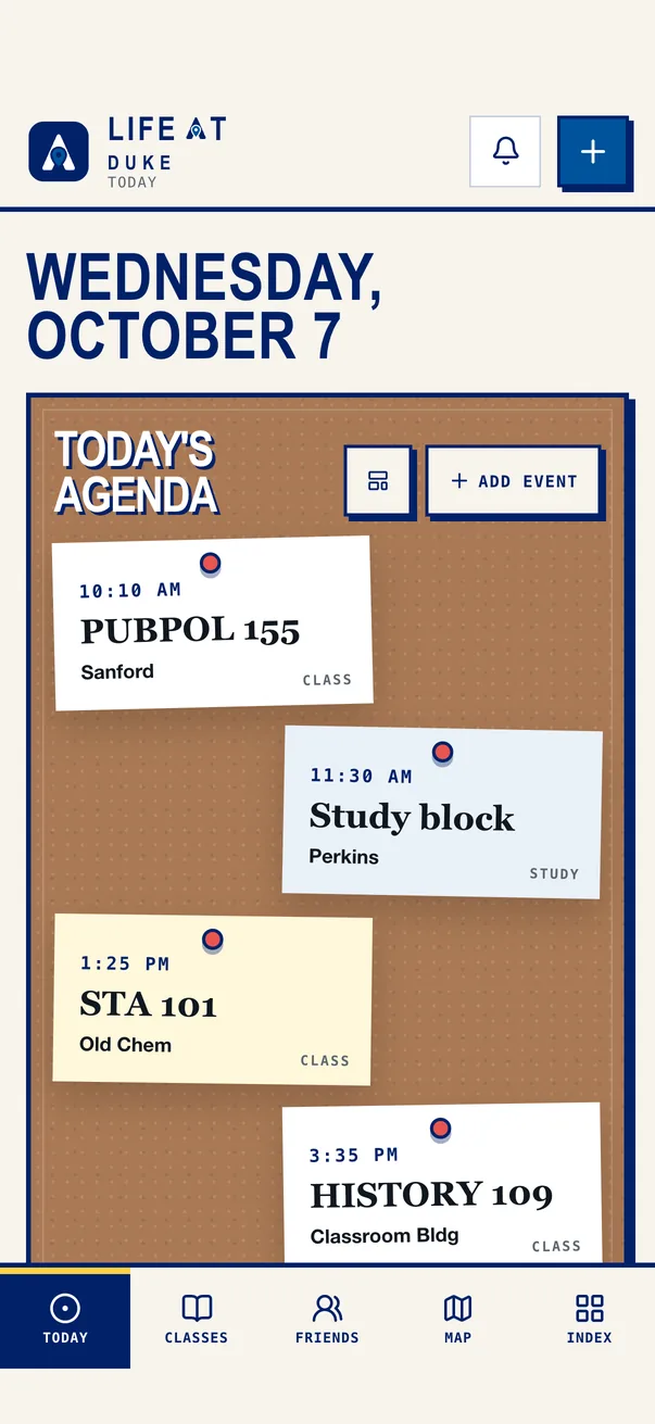 The Life at Duke iPhone app on Today, with the demo student's classes pinned to a cork agenda