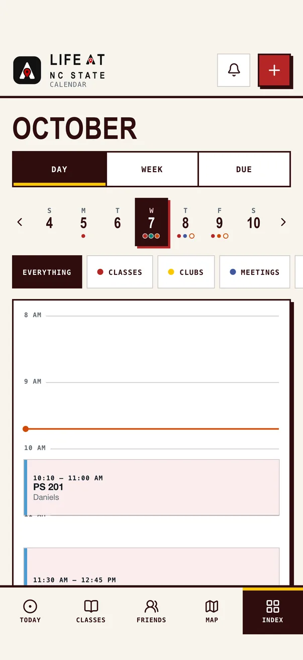 The Life at NC State iPhone app on Calendar, the demo student's week