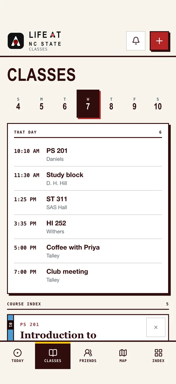 The Life at NC State iPhone app on Classes, the day's timeline beside the course index