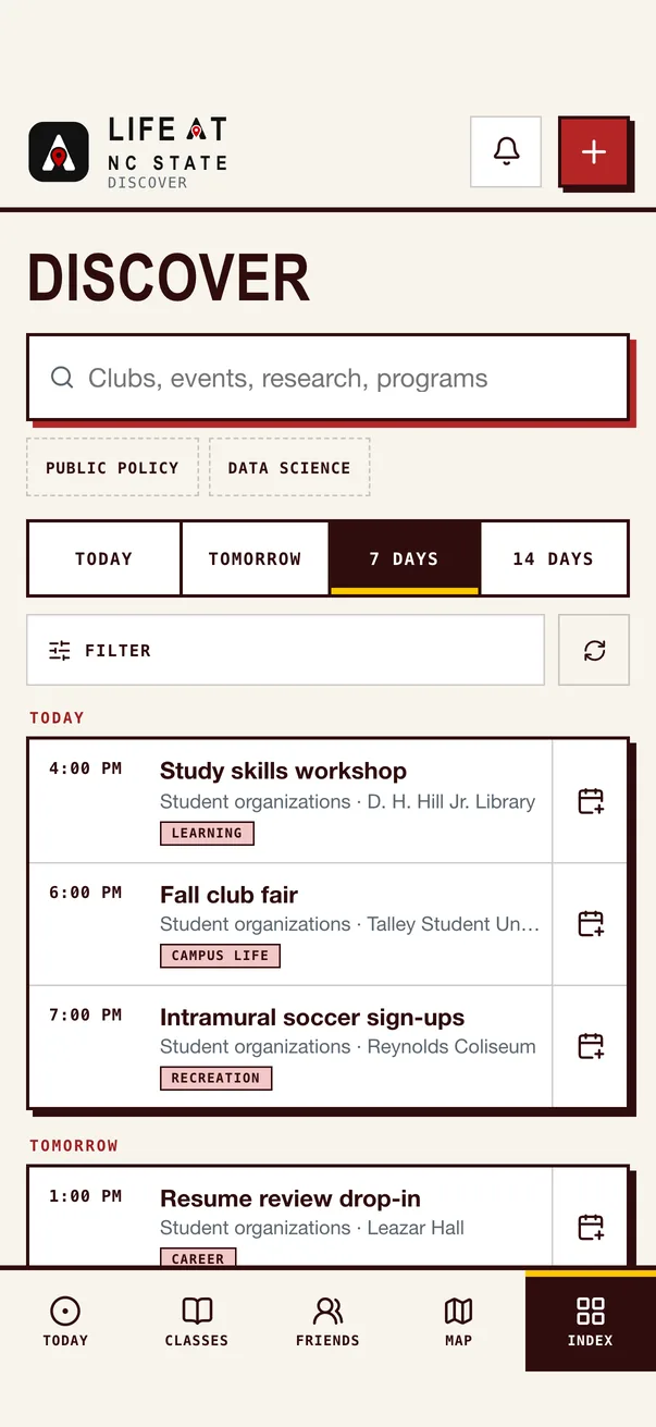 The Life at NC State iPhone app on Discover, what is on around campus