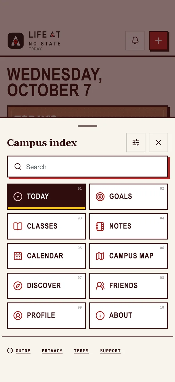 The Life at NC State iPhone app on the Campus index, every section of the app on one sheet