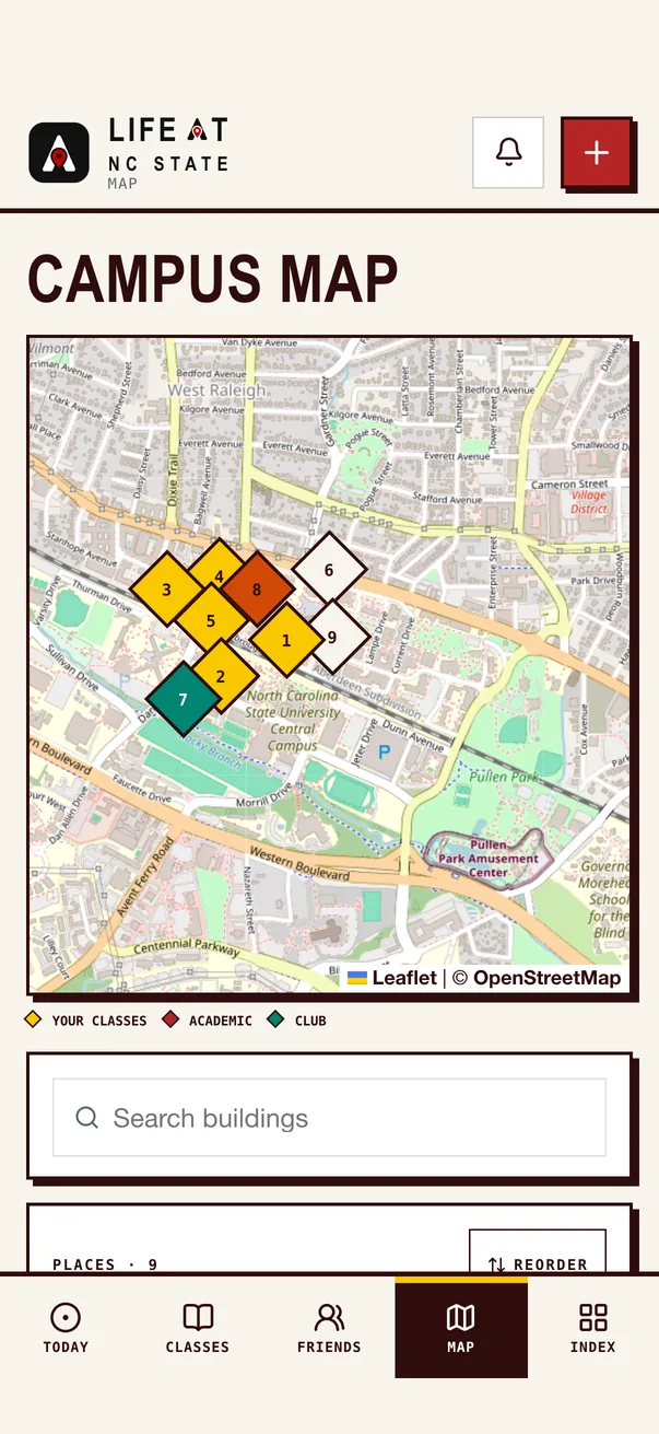 The Life at NC State iPhone app on Campus Map, with the demo student's classes marked across campus