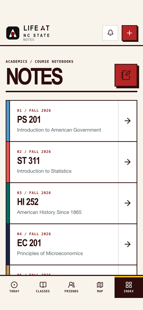 The Life at NC State iPhone app on Notes