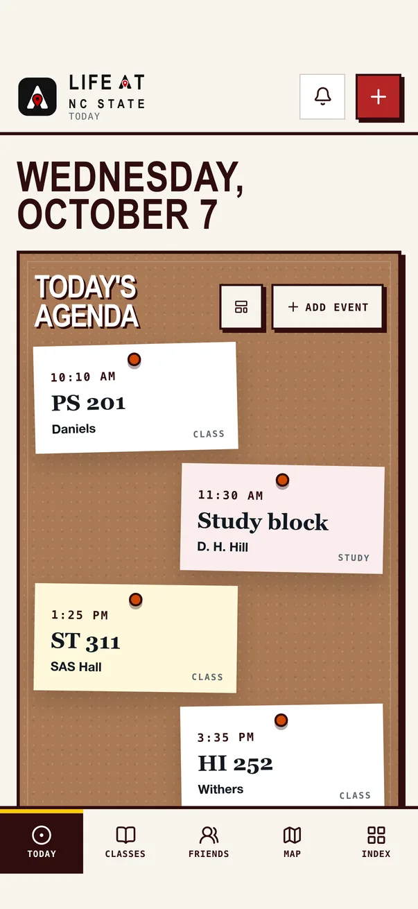 The Life at NC State iPhone app on Today, with the demo student's classes pinned to a cork agenda