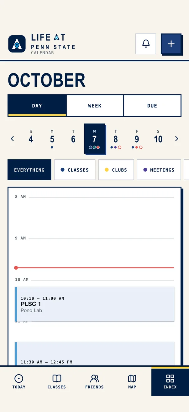 The Life at Penn State iPhone app on Calendar, the demo student's week