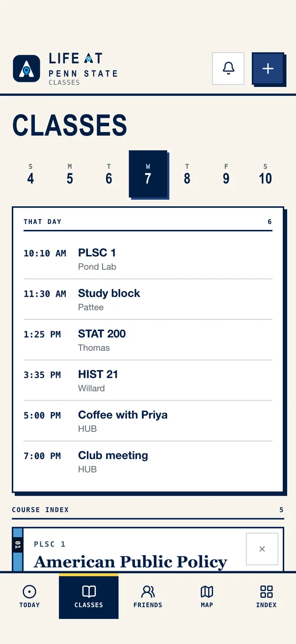The Life at Penn State iPhone app on Classes, the day's timeline beside the course index