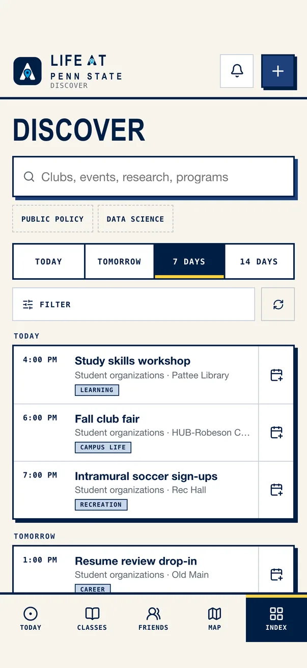 The Life at Penn State iPhone app on Discover, what is on around campus