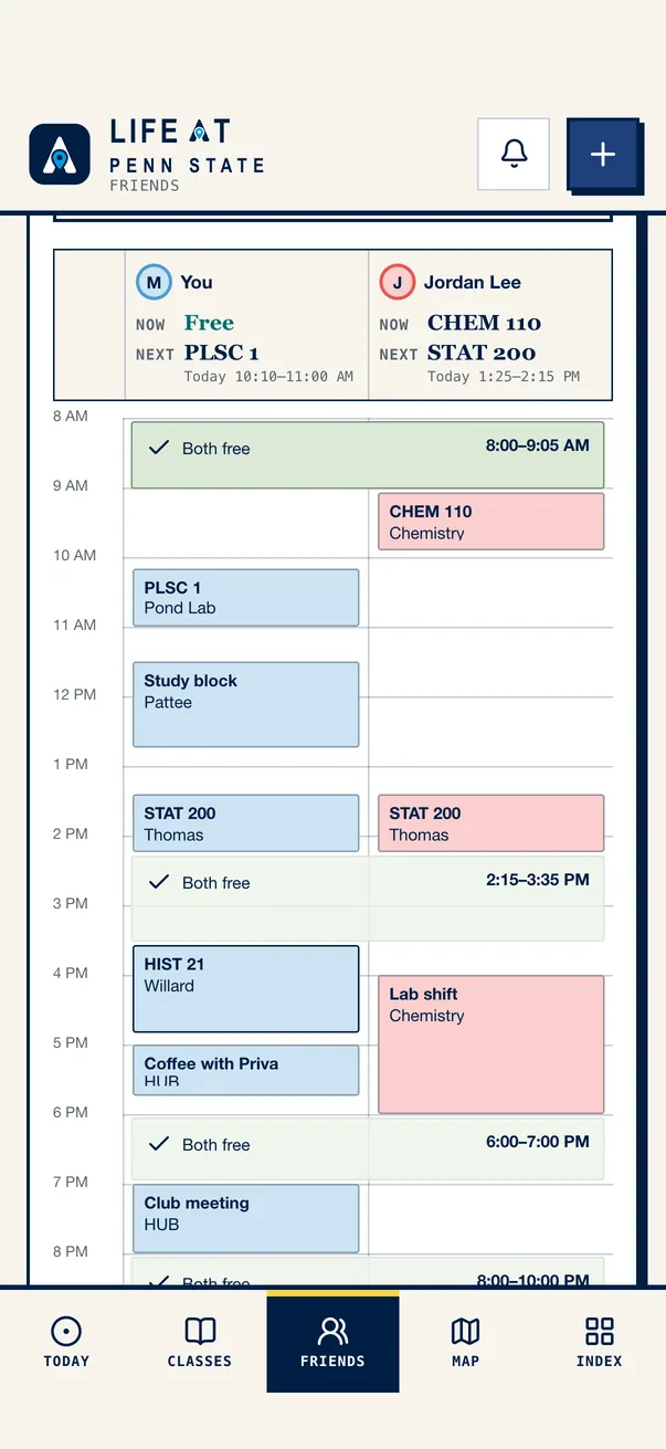 The Life at Penn State iPhone app on Friends, comparing the demo student's week with a friend's