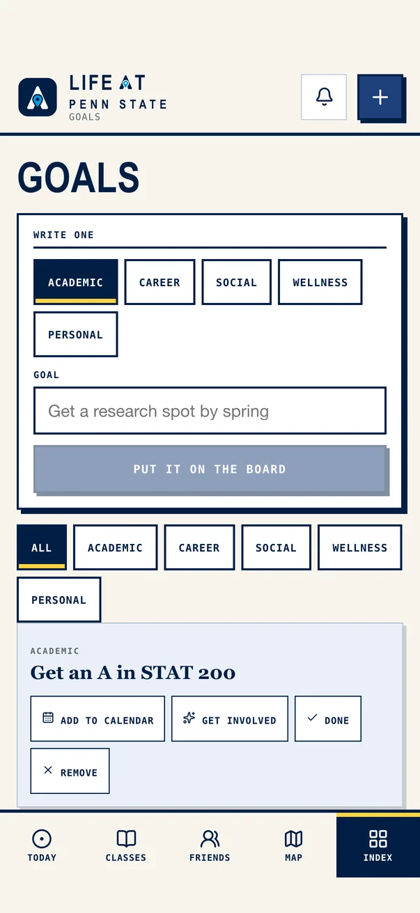 The Life at Penn State iPhone app on Goals
