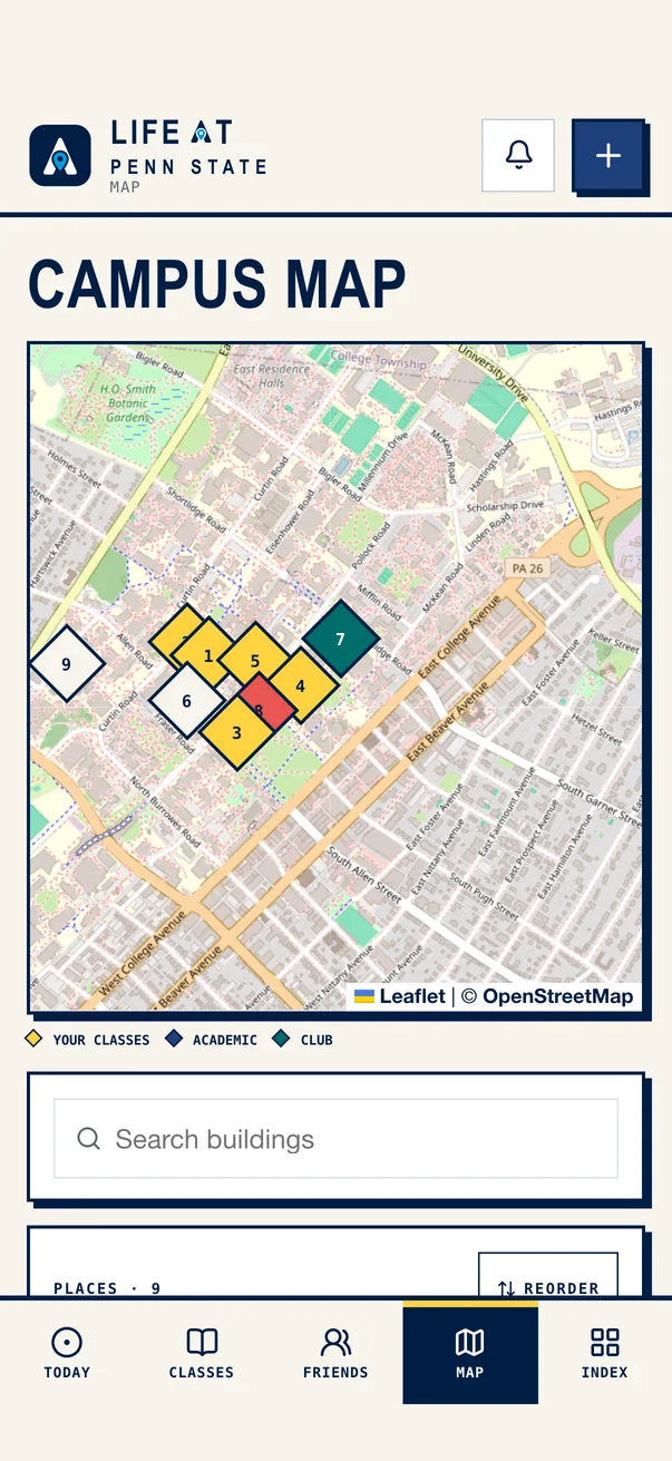 The Life at Penn State iPhone app on Campus Map, with the demo student's classes marked across campus