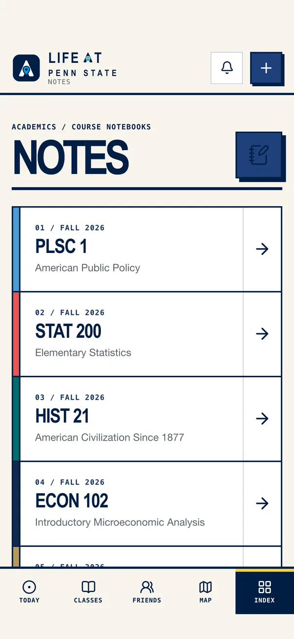 The Life at Penn State iPhone app on Notes