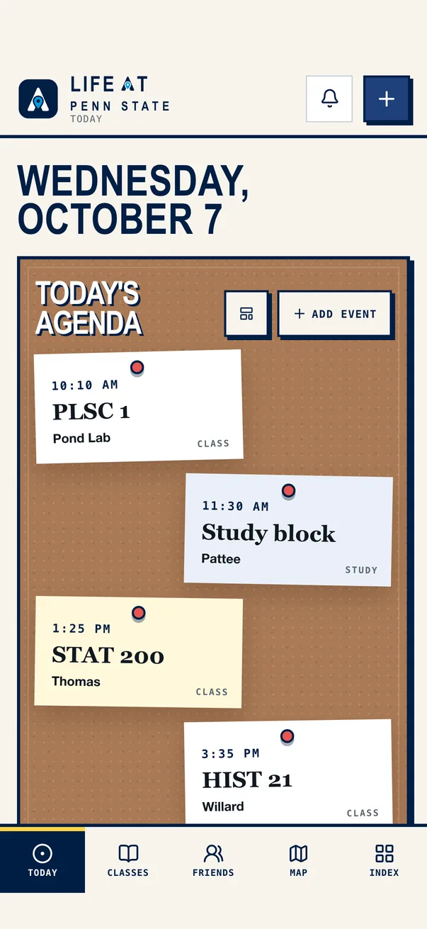 The Life at Penn State iPhone app on Today, with the demo student's classes pinned to a cork agenda