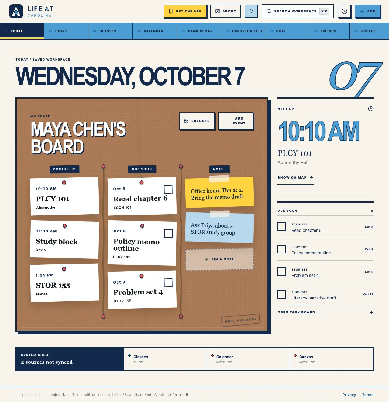 The Life at Carolina website on Today, with the demo student's classes pinned to the agenda and the work due soon