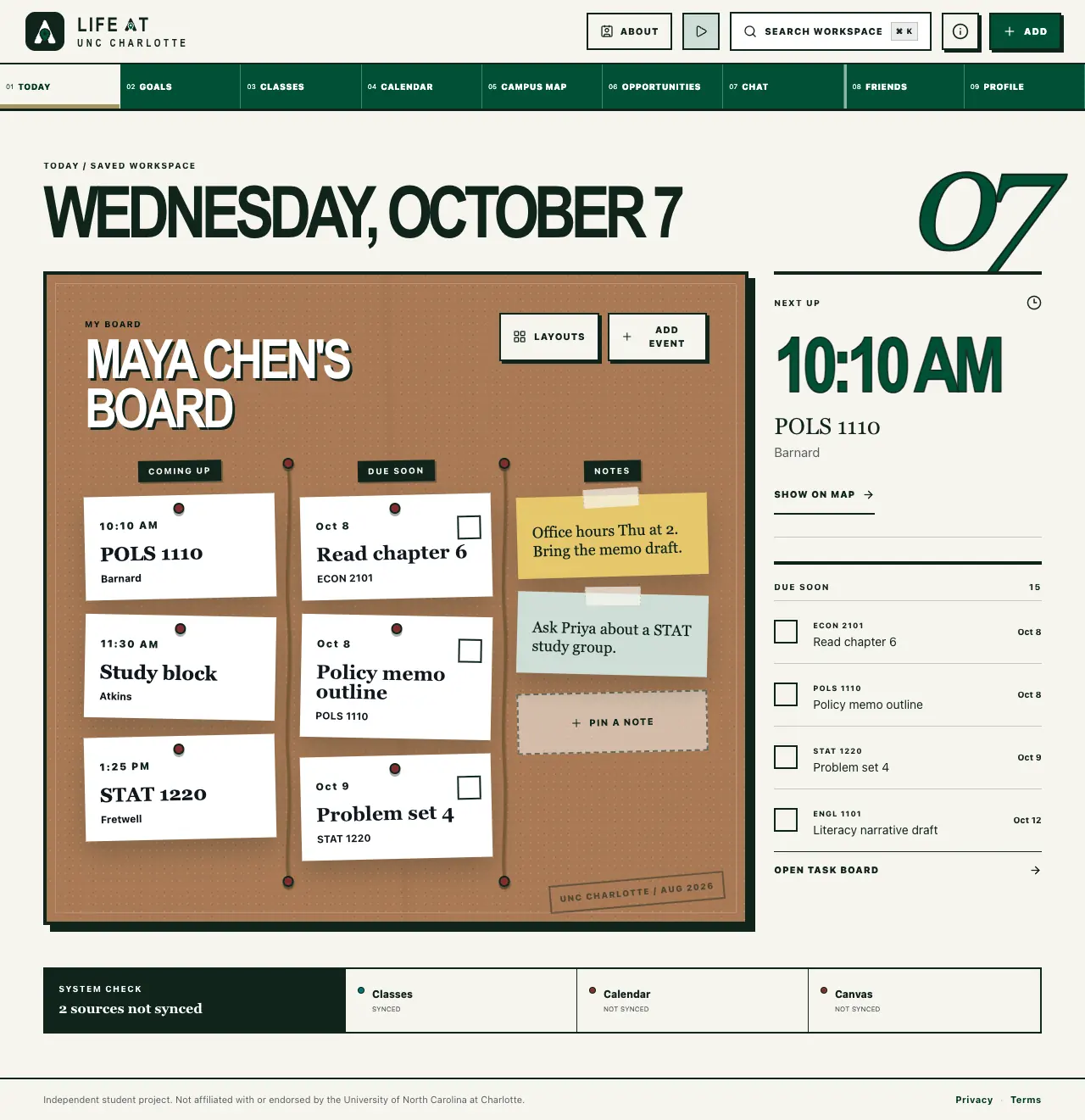 The Life at Charlotte website on Today, with the demo student's classes pinned to the agenda and the work due soon