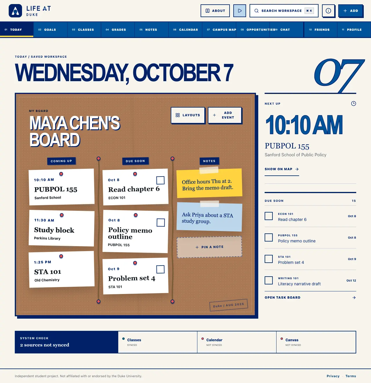 The Life at Duke website on Today, with the demo student's classes pinned to the agenda and the work due soon