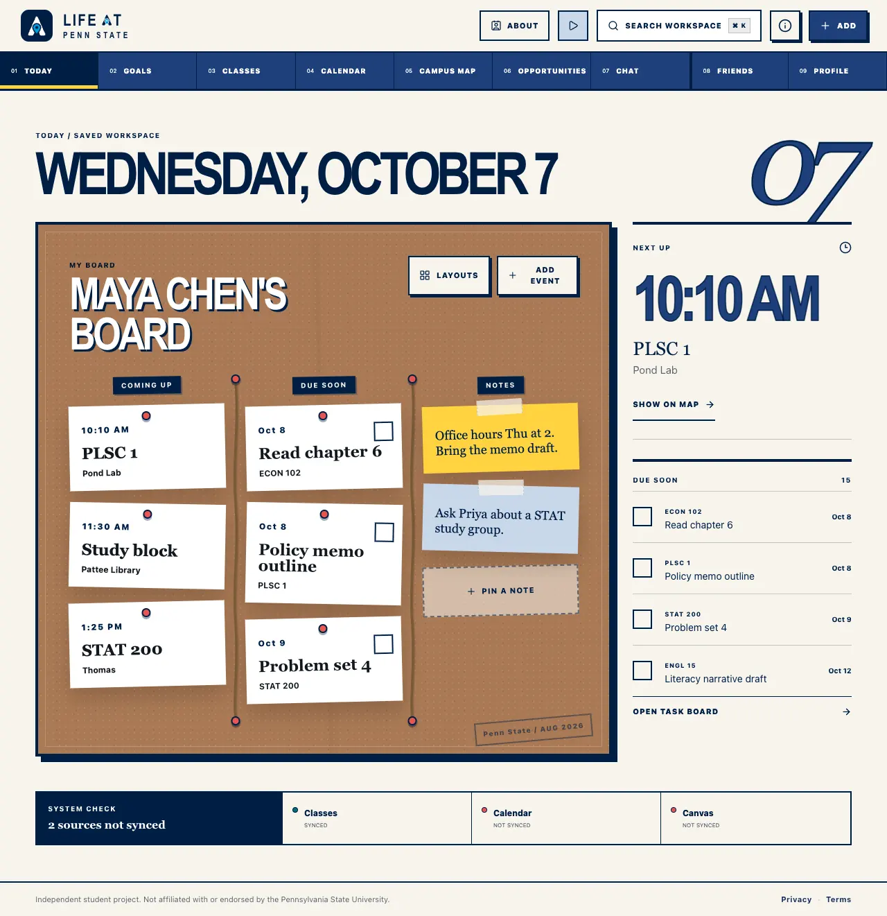The Life at Penn State website on Today, with the demo student's classes pinned to the agenda and the work due soon