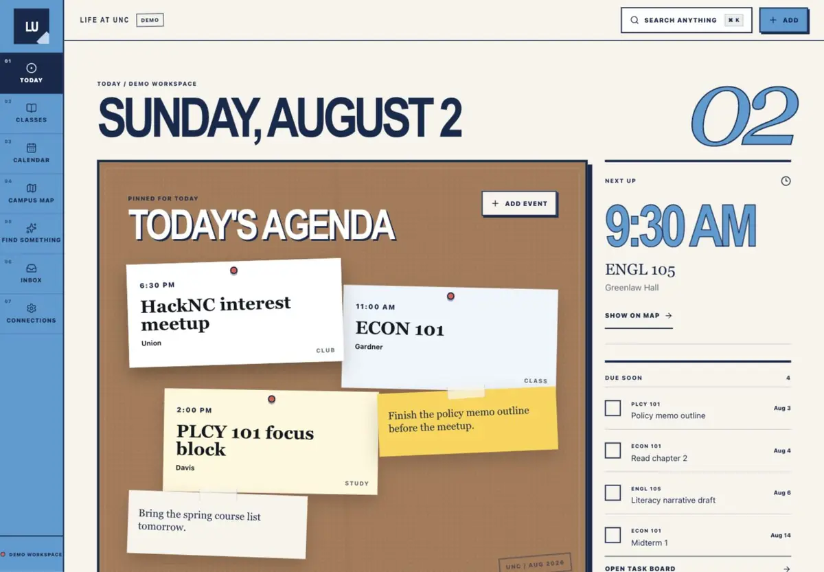 The first Life at Carolina design, with a blue sidebar and a corkboard schedule