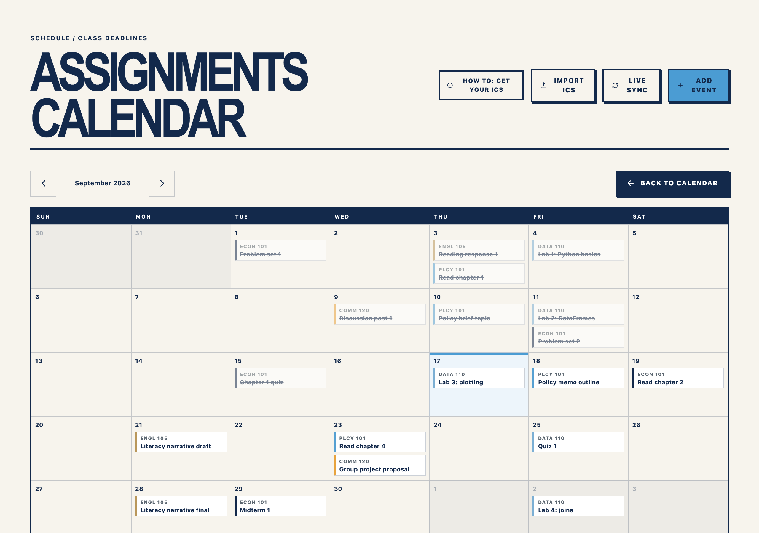 Fictional Life At assignments calendar with a full month of deadlines sorted by class