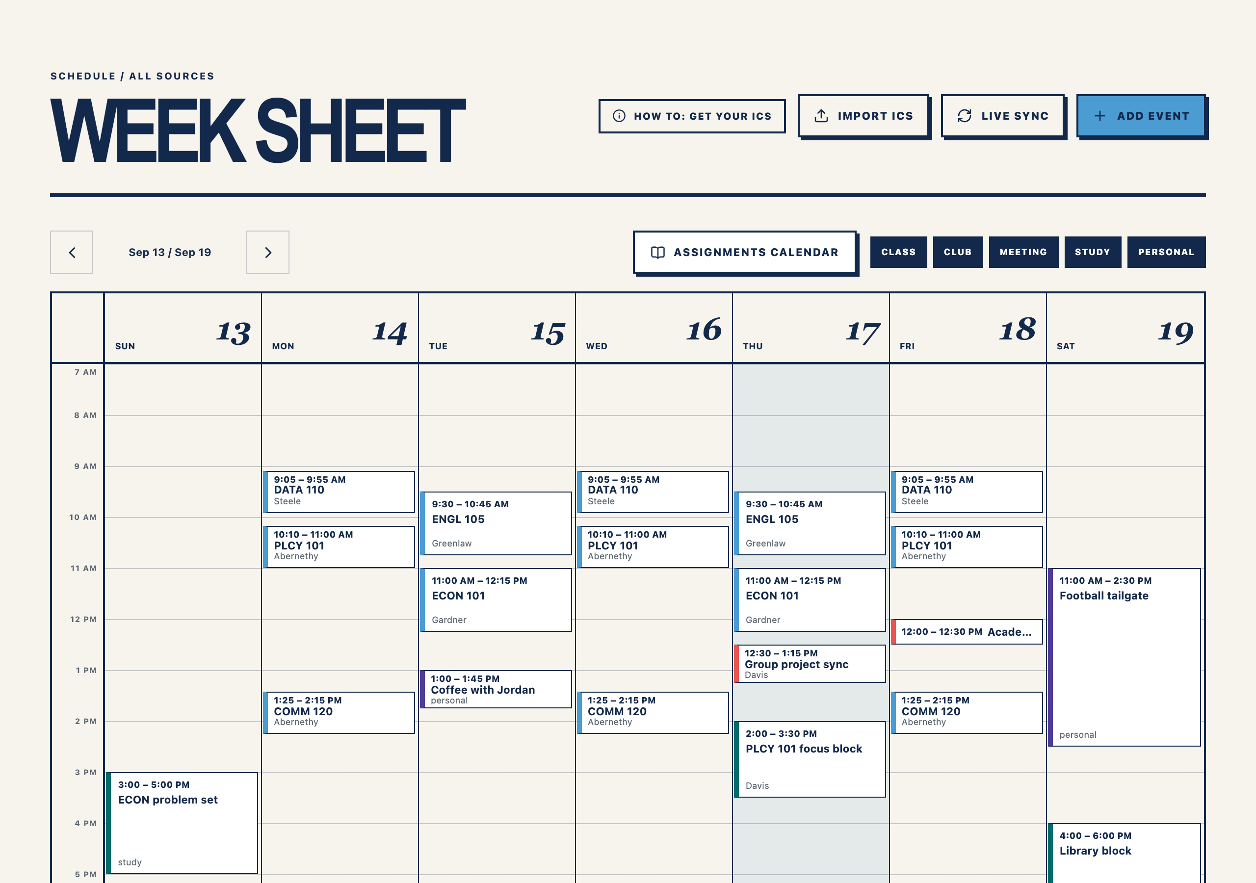 Fictional Life At week calendar with classes and open time shown across the full week