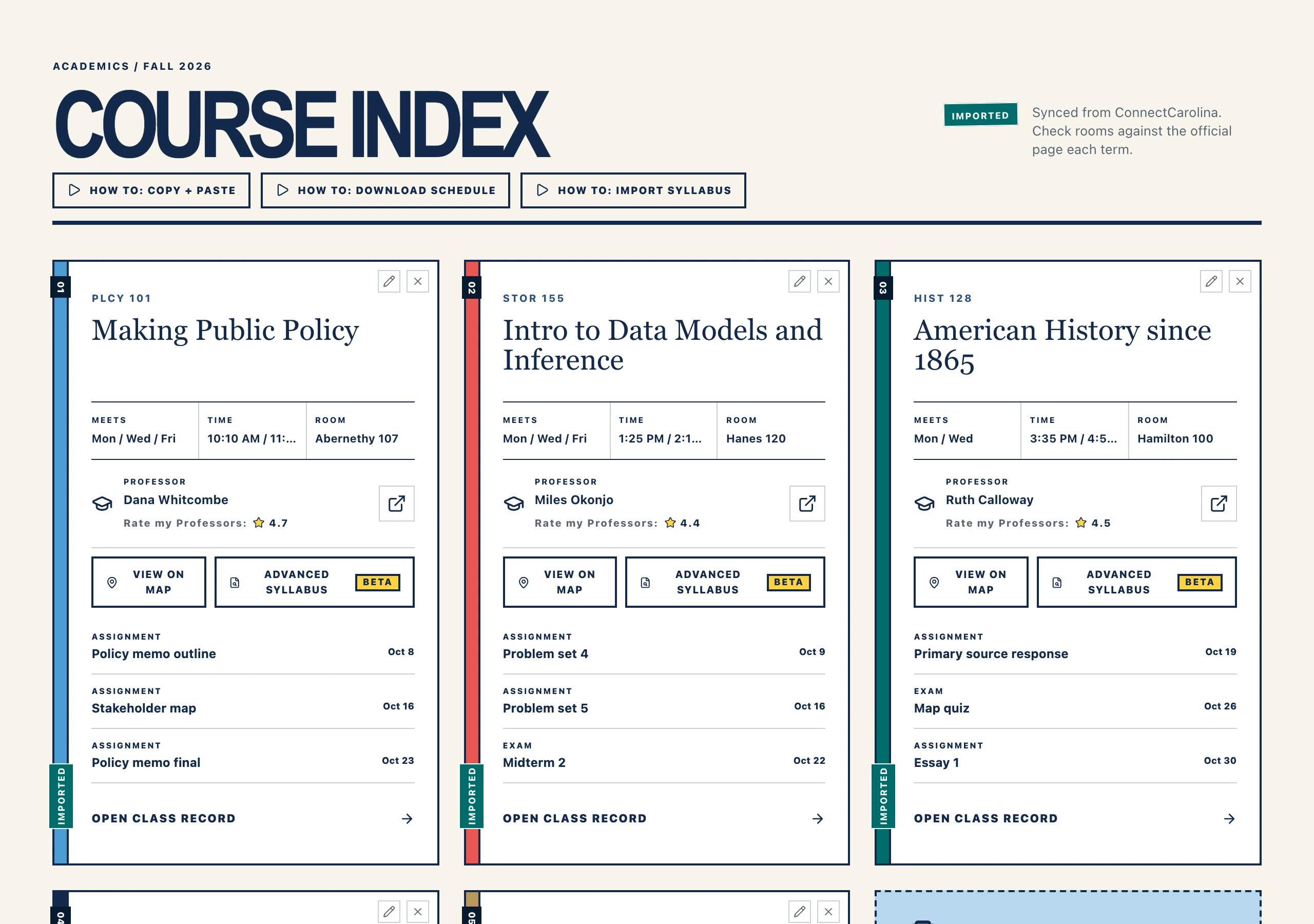 Fictional Life At Course index with a demo student's classes, rooms, professors, and upcoming assignments