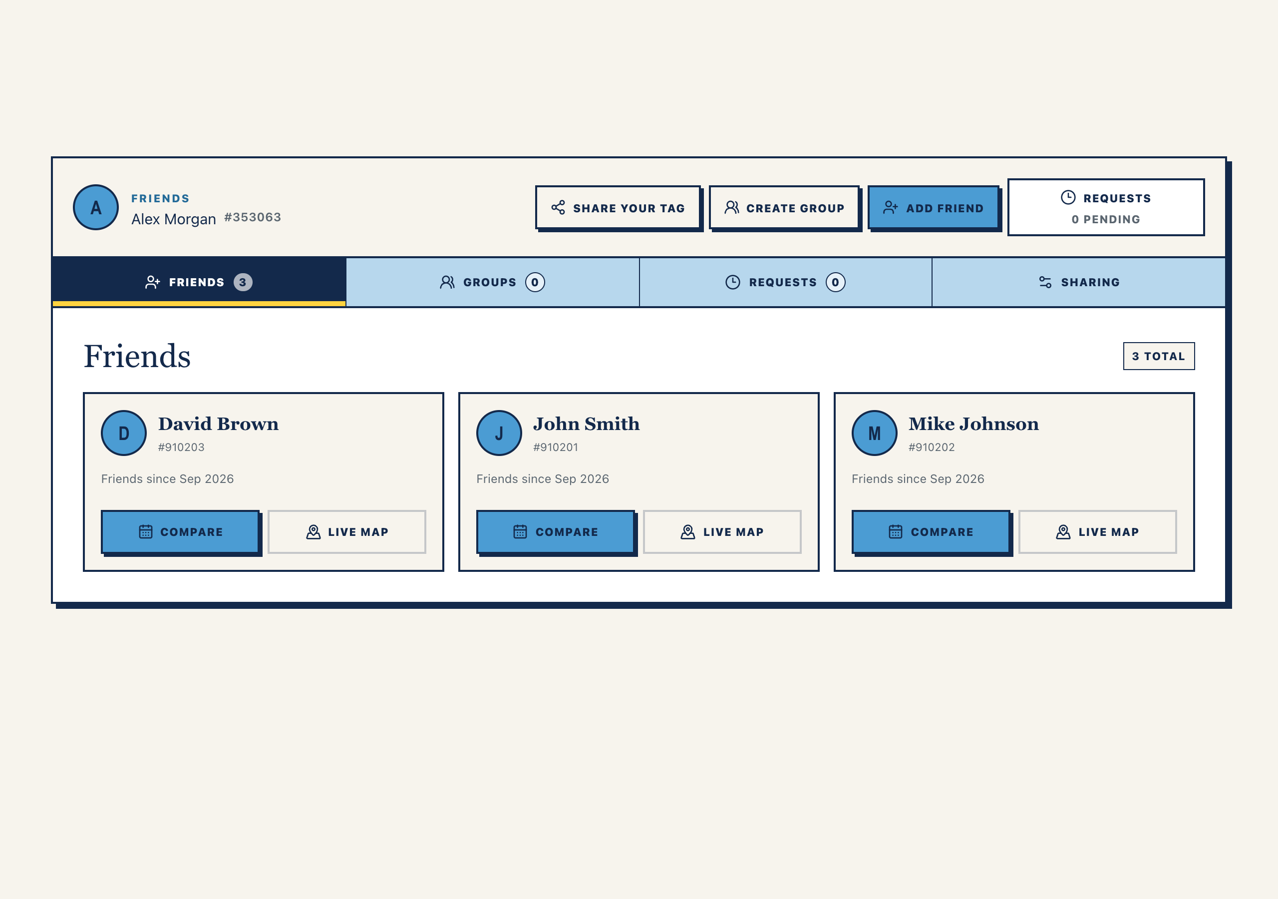 Fictional Life At Friends page listing three friends with schedule comparison controls
